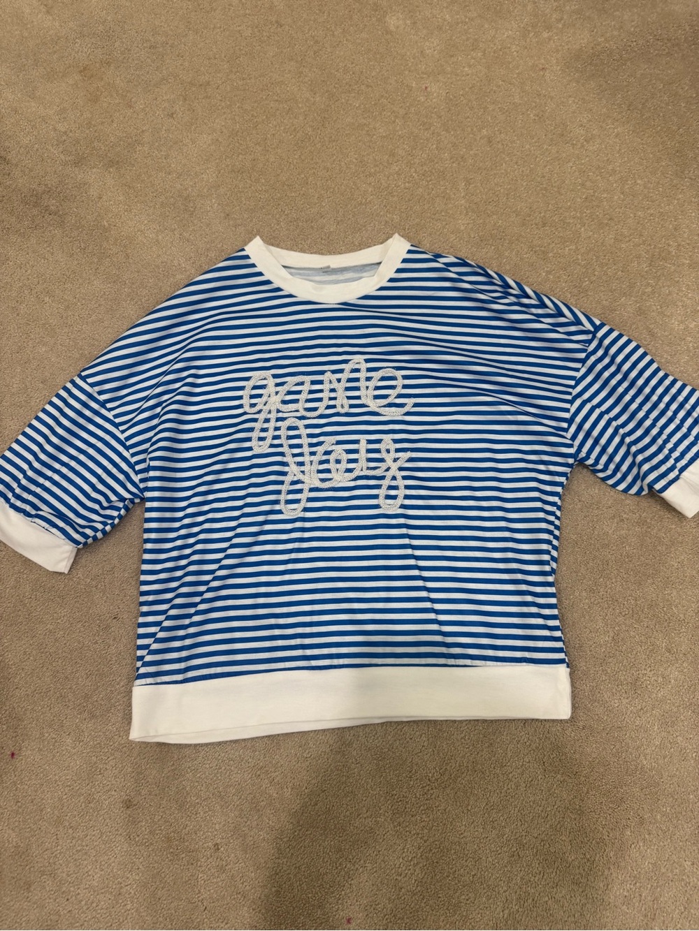 Woment's Blue & White Striped Tee with Playful Script, size M